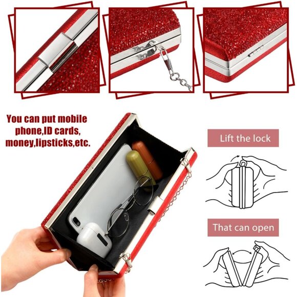 Red glitter evening jewelry set with clutch purse, necklace, bracelet and earrin - Picture 2 of 6